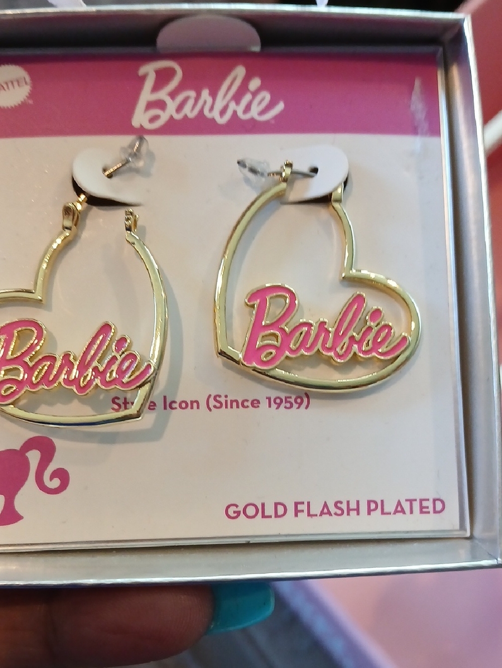 Barbie Gold Heart Hoop Earrings with Pink Logo Accent